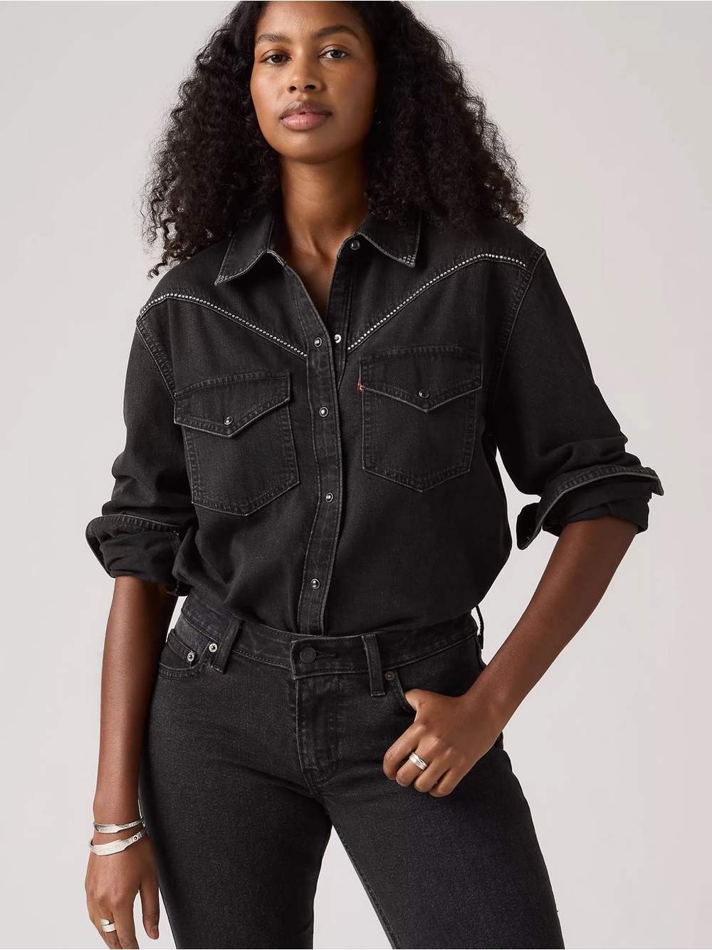 Levi’s Women’s Sawyer Western Shirt, Black Denim, Rhinestones, Sz M, NWT